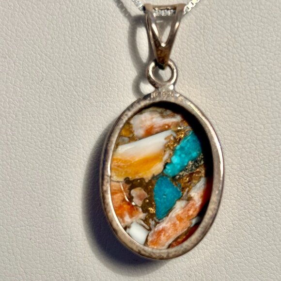 Sterling Silver Spiny Oyster Copper Turquoise Pendant - Picture 3 of 3